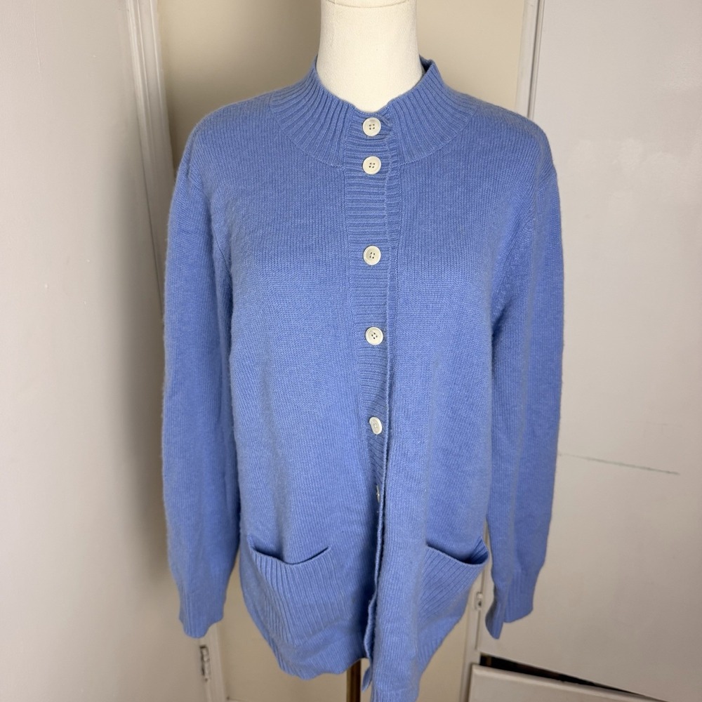 Orvis Sweater Cardigan Womens L Blue 100% Cashmere Mock Neck Button Pockets